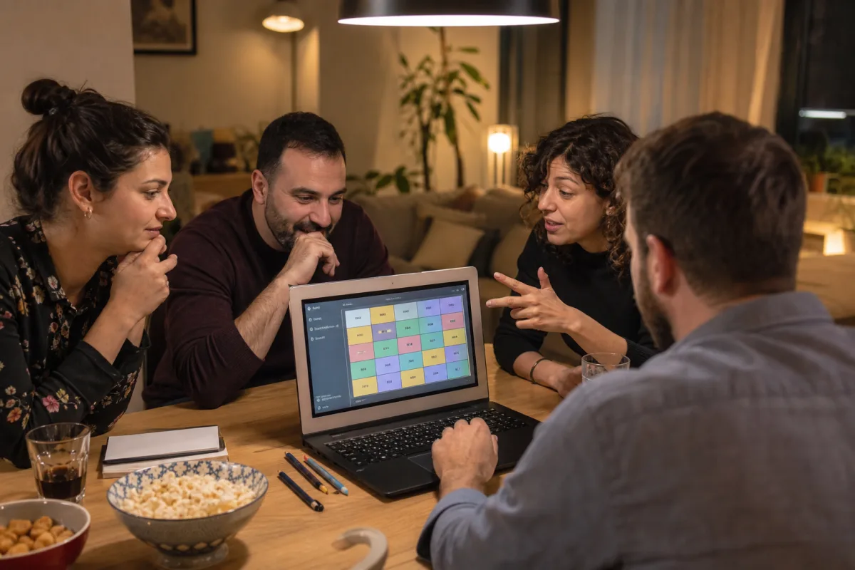 Φίλοι παίζουν παιχνίδι λέξεων σε laptop