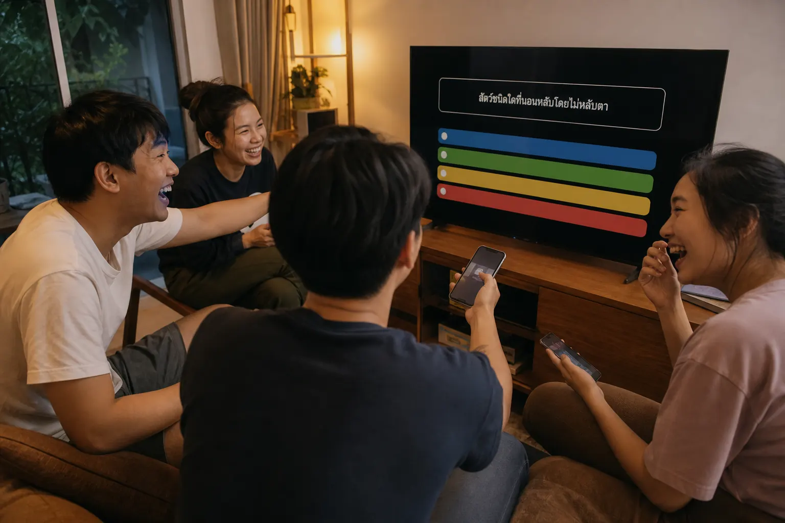 เพื่อนชาวไทยหัวเราะขณะดูคำตอบเกม