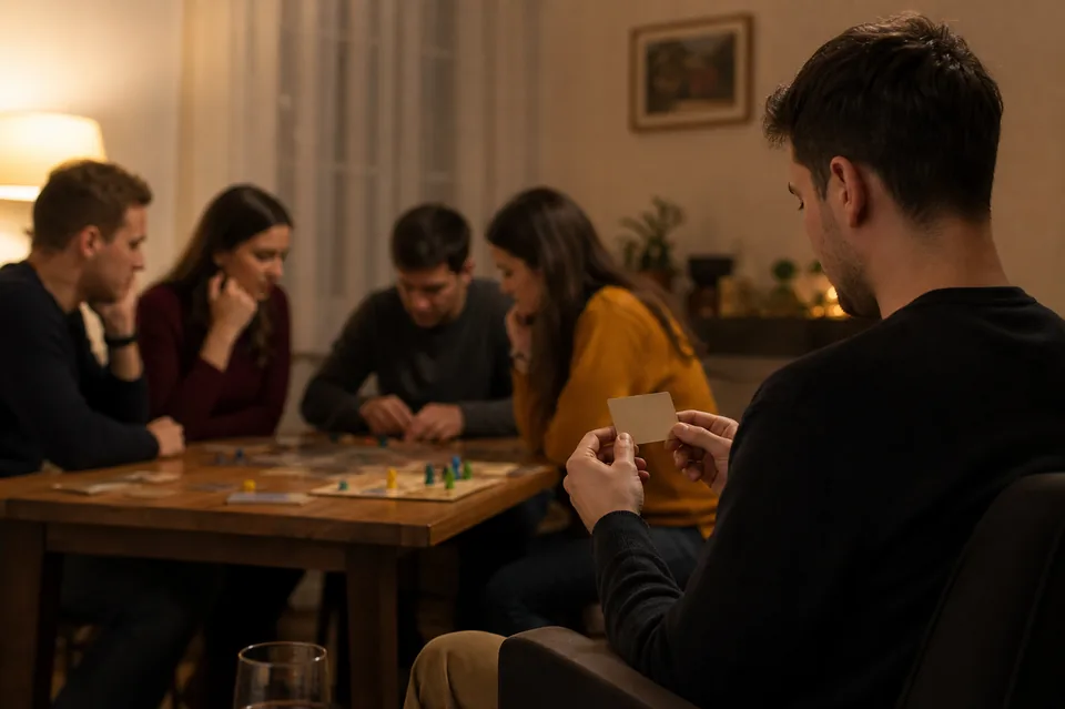 Egy játékos megvizsgál egy párthűségkártyát a többiektől elfordulva