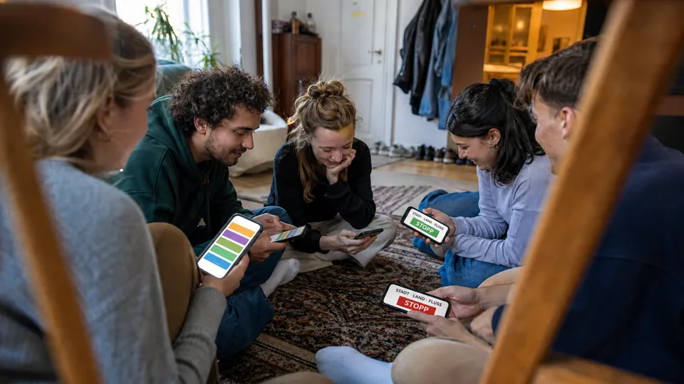 Fünf Freunde tippen Begriffe für ein WhatsApp Gruppenspiel