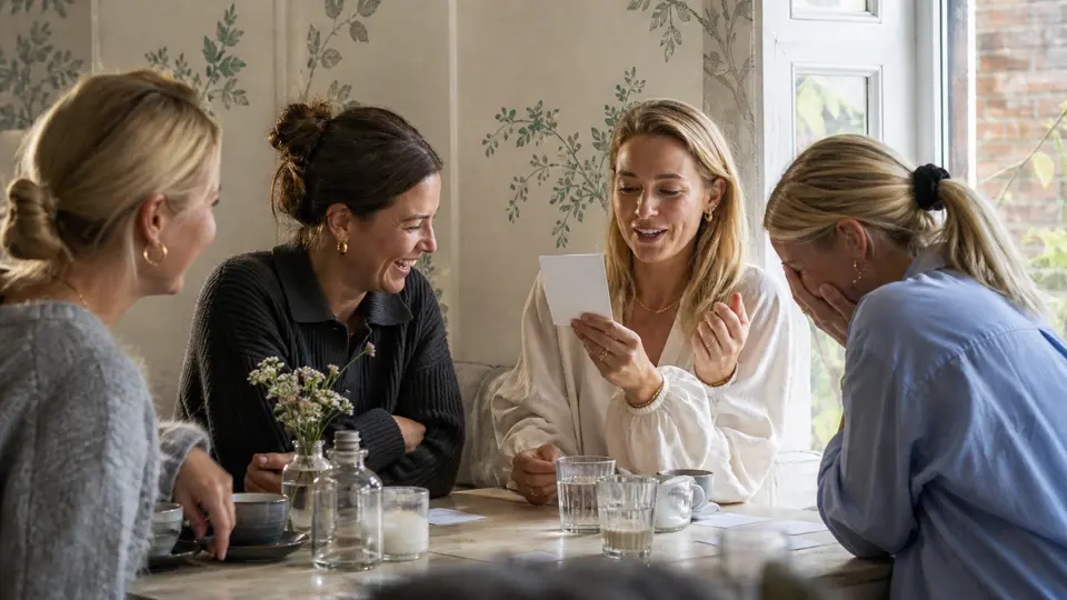 Veninder griner over et spørgsmål på et kort