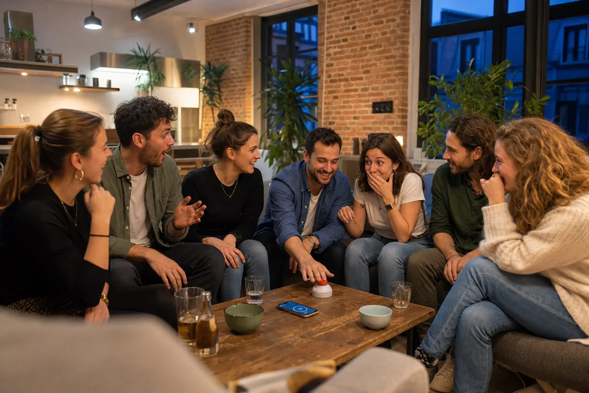 Groupe riant après une faute dans un jeu de mots en ligne