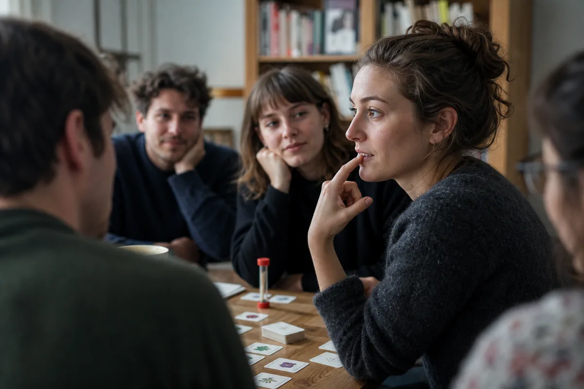 Joueuse réfléchissant à un indice pendant que son équipe écoute