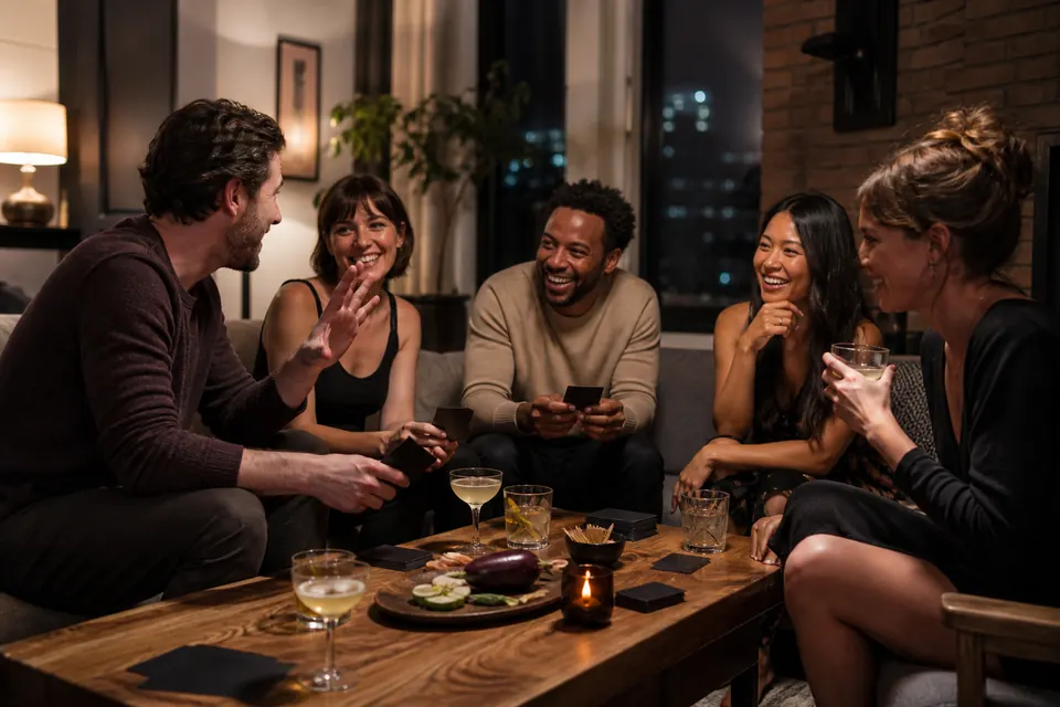 Adult friends playing a cheeky forbidden-word game after dinner