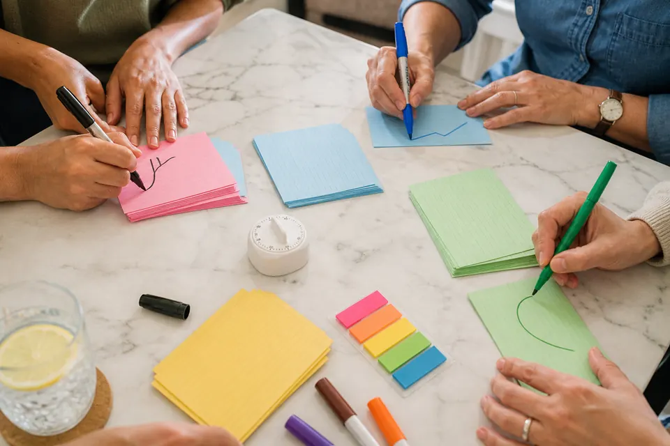 Friends making color-coded homemade forbidden-word cards at a kitchen island