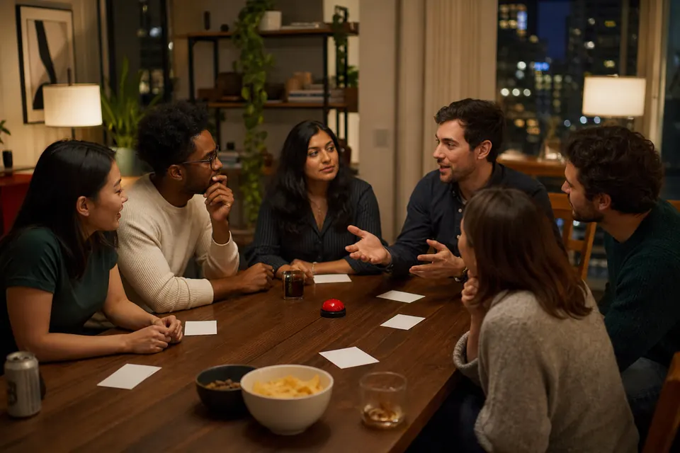 Friends playing a forbidden-word guessing game at a city apartment party