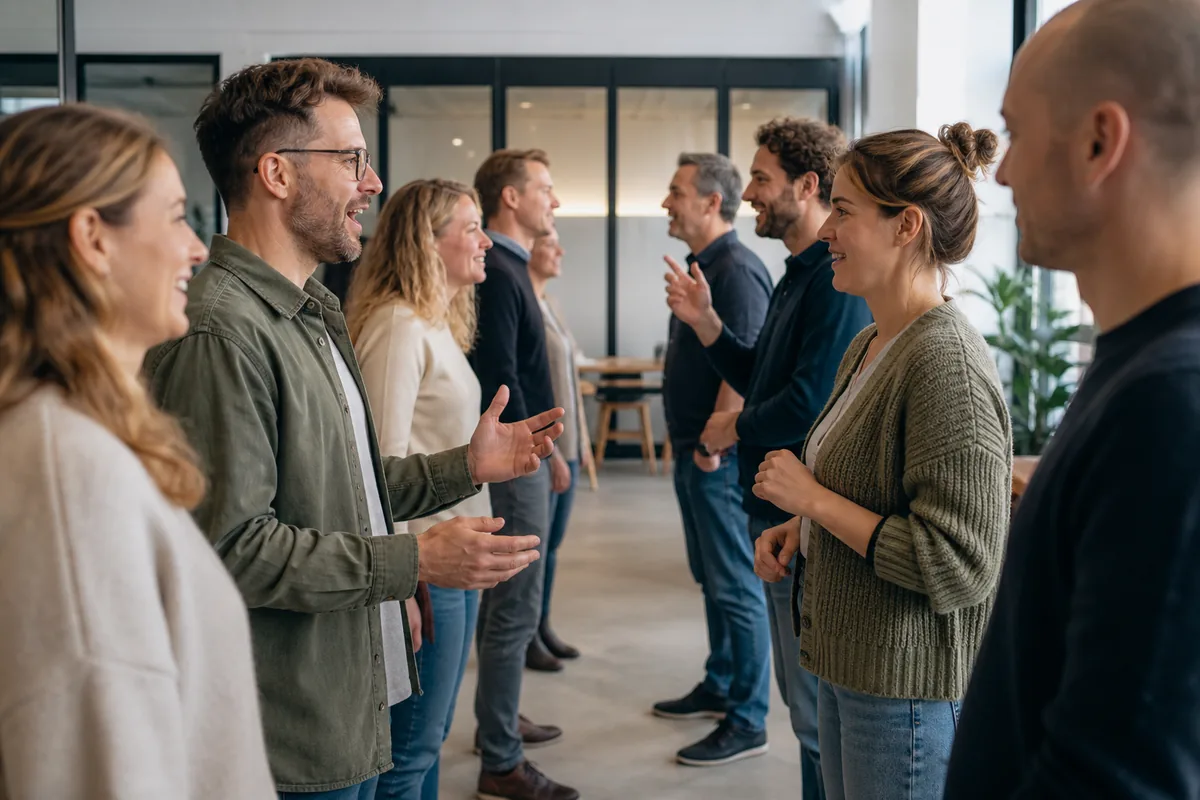 Team speelt een snelle woordassociatie in een kantoor