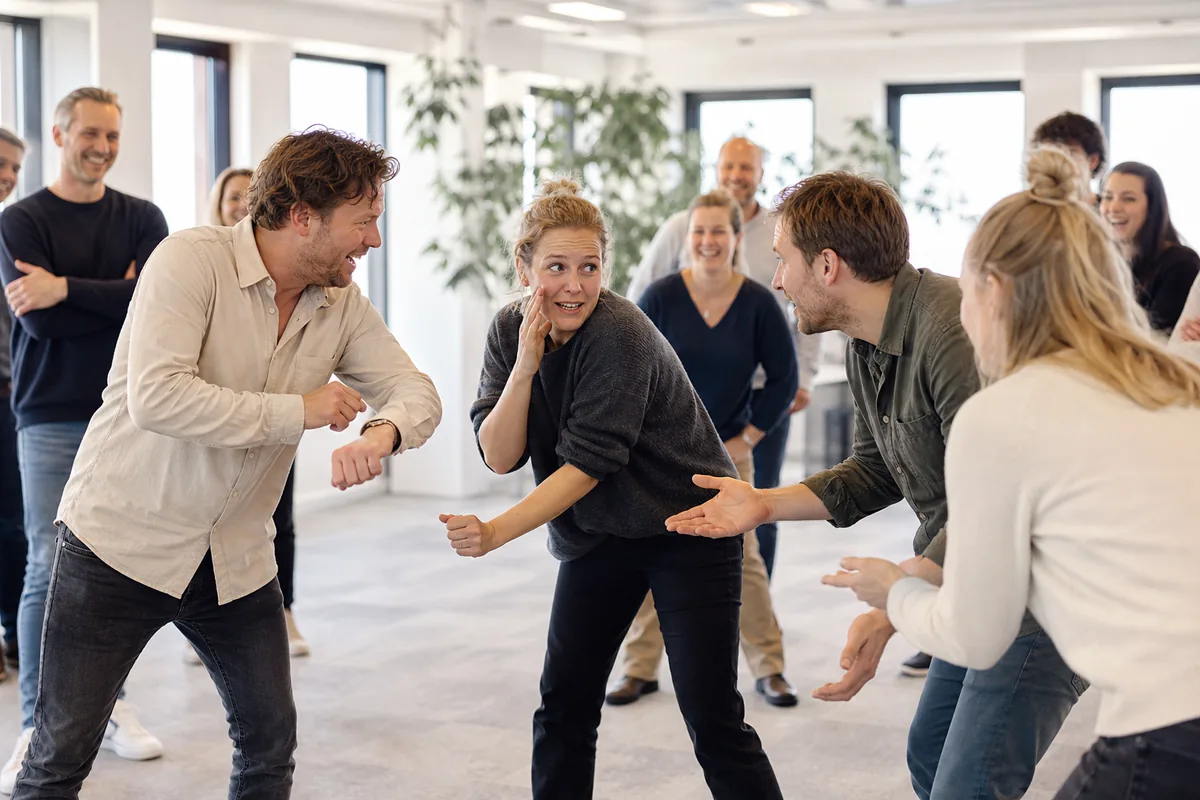 Collega's spelen een geïmproviseerde scène tijdens een workshop