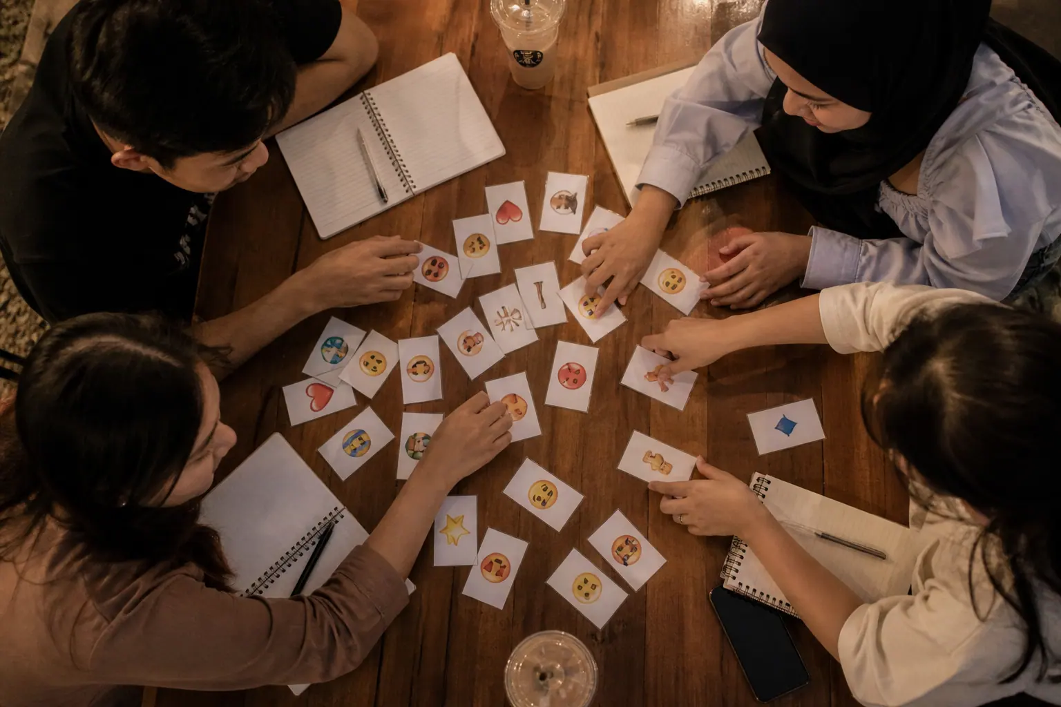 Kelompok teman melihat kartu kuis emoji K-pop