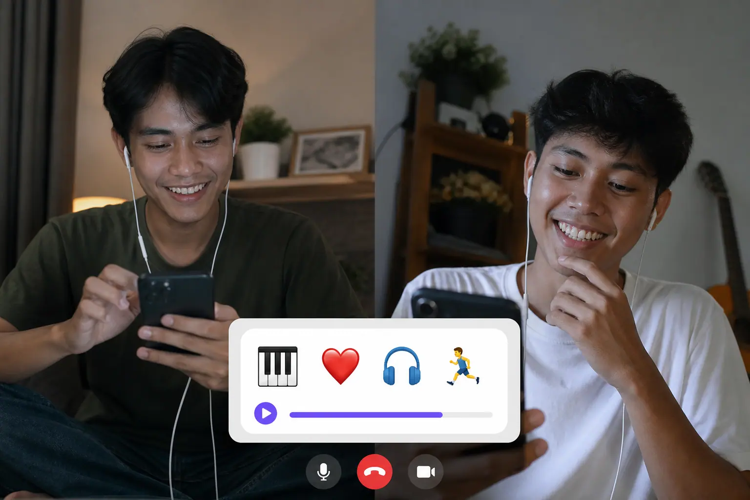 Dua teman melihat kuis emoji pada ponsel