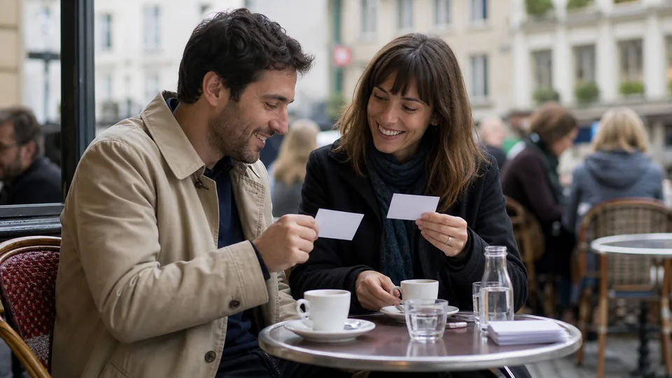 Un couple échange ses réponses à un quiz dans un café