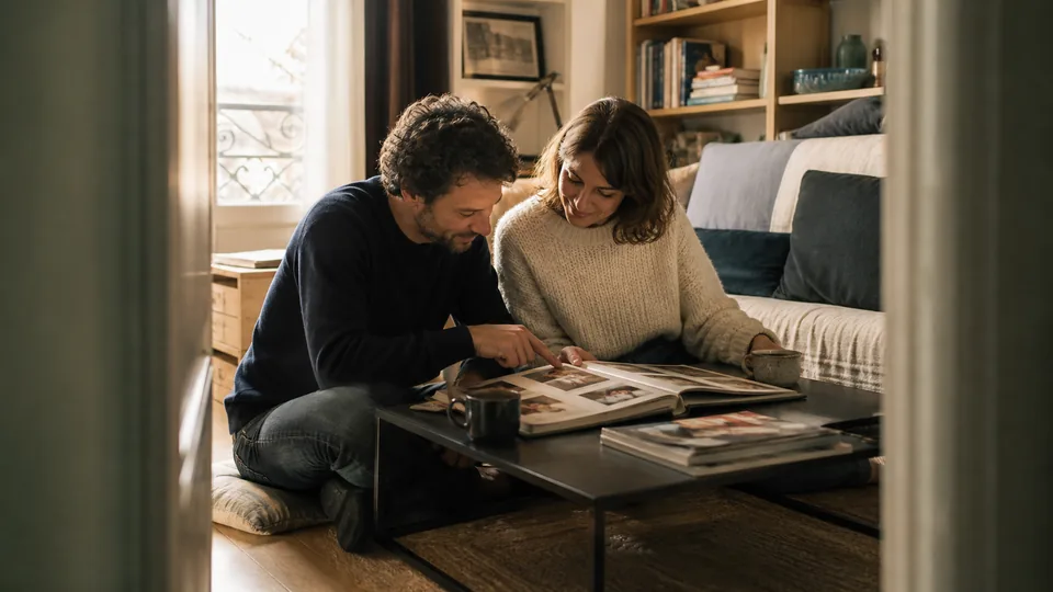 Un couple feuillette ensemble un album de souvenirs