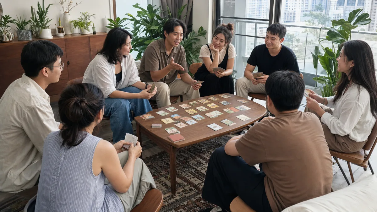 กลุ่มเพื่อนไทยวงใหญ่เล่นเกมการ์ดภาพในห้องนั่งเล่น