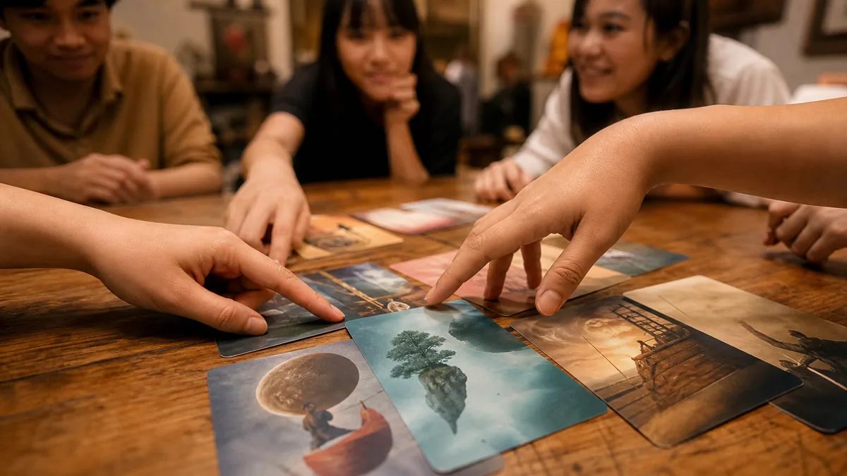 มือผู้เล่นไทยกำลังเลือกการ์ดภาพสีสันบนโต๊ะ