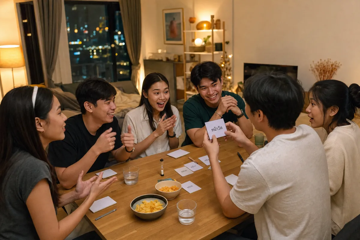 เพื่อนชาวไทยกำลังเล่นเกมใบ้คำที่โต๊ะ