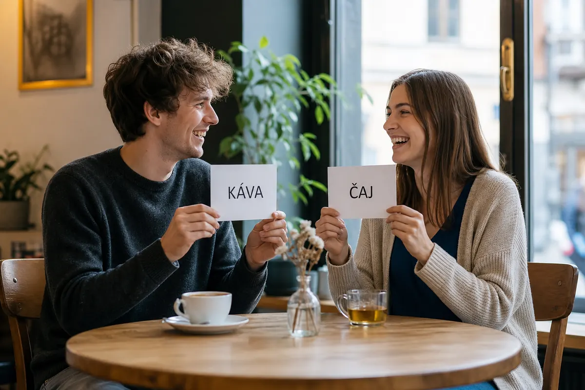 Dva čeští kamarádi volí odpověď u stolu