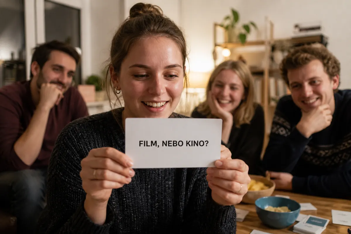 Kamarádka drží kartu s otázkou Film, nebo kino? před skupinou přátel