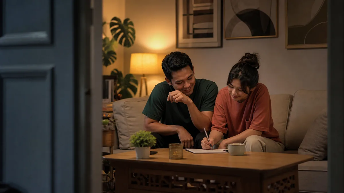 Pasangan menyiapkan tantangan ringan di ruang tamu