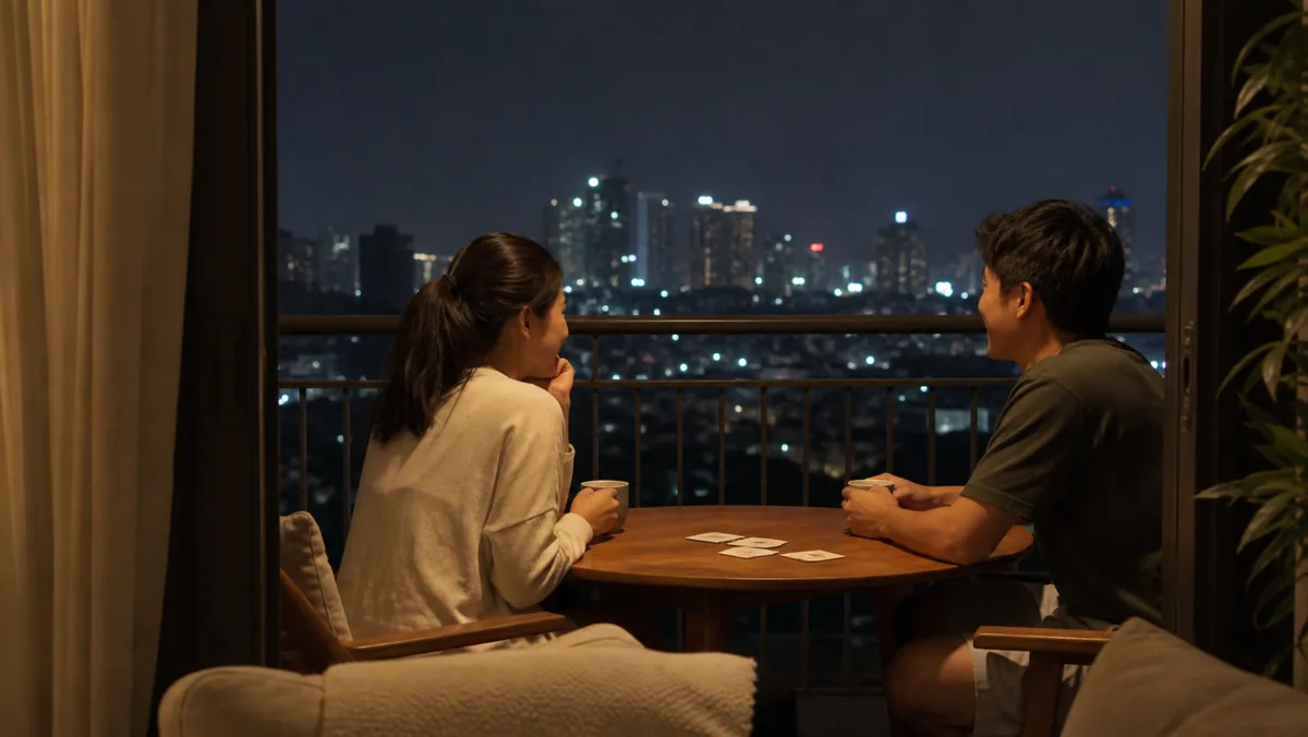Pasangan menikmati teh di balkon pada malam hari