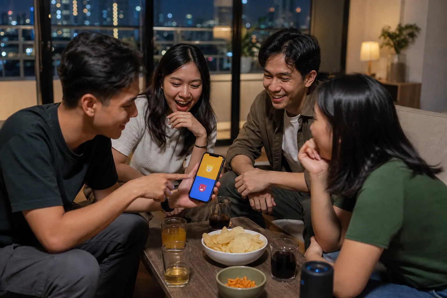 Empat teman Indonesia memilih prompt Truth or Dare di ponsel