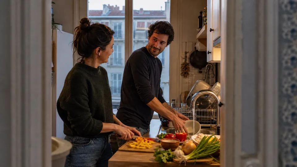 Couple préparant un repas dans une cuisine française