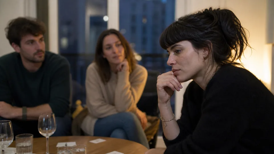 Femme réfléchissant à un choix impossible pendant une soirée entre amis