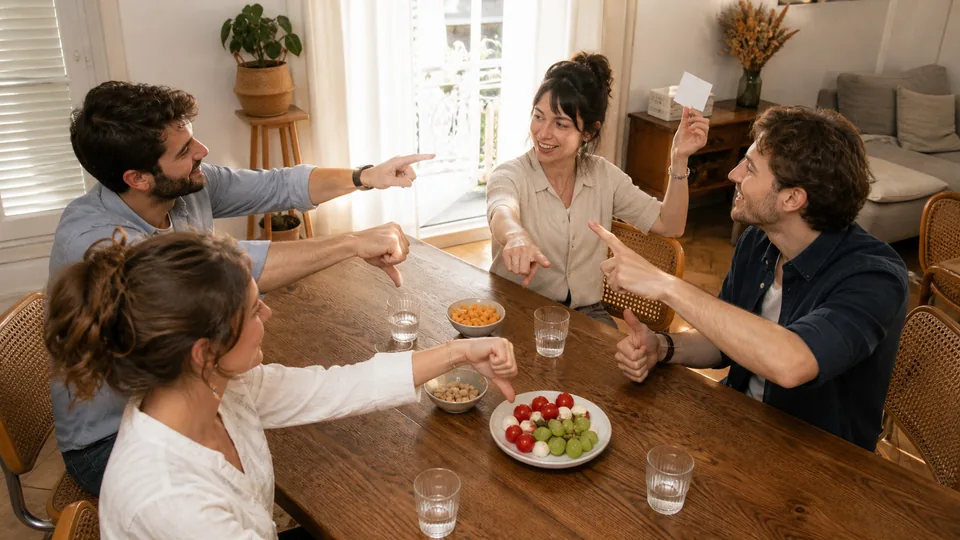 Groupe d’amis votant autour d’une table pendant un jeu de dilemmes