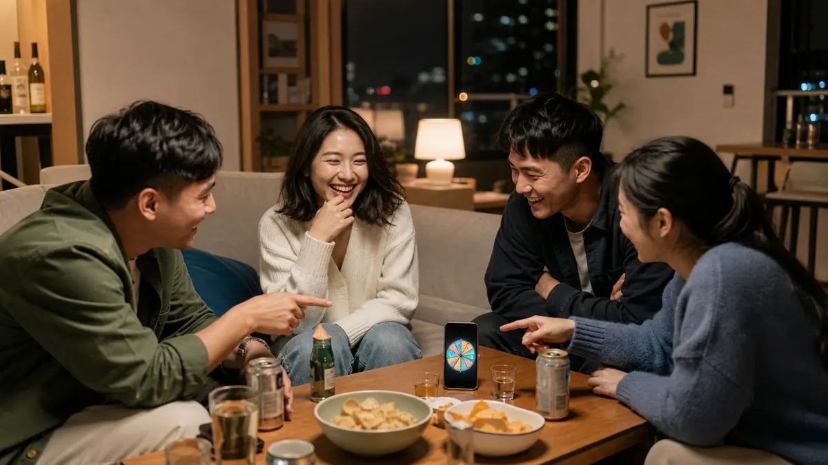台灣朋友圍著轉盤玩真心話大冒險