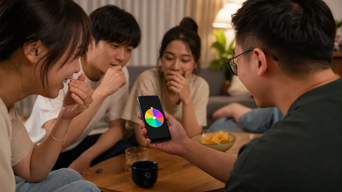 朋友看著手機上的真心話大冒險轉盤