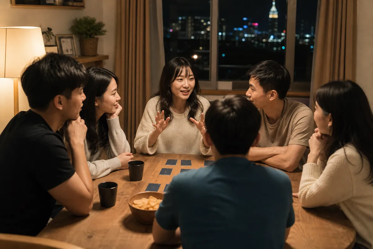 一群台灣朋友圍坐進行天黑請閉眼遊戲