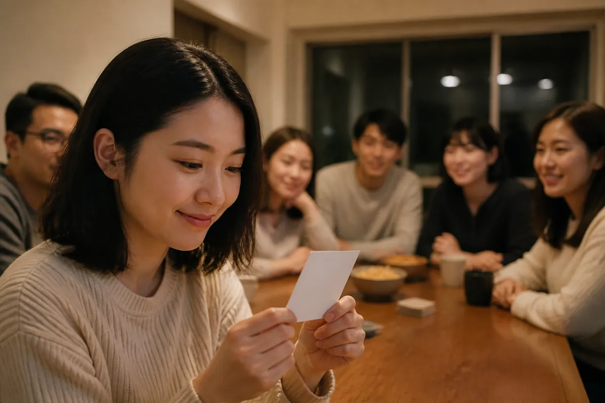 朋友在餐桌旁拿著身份卡準備玩狼人殺