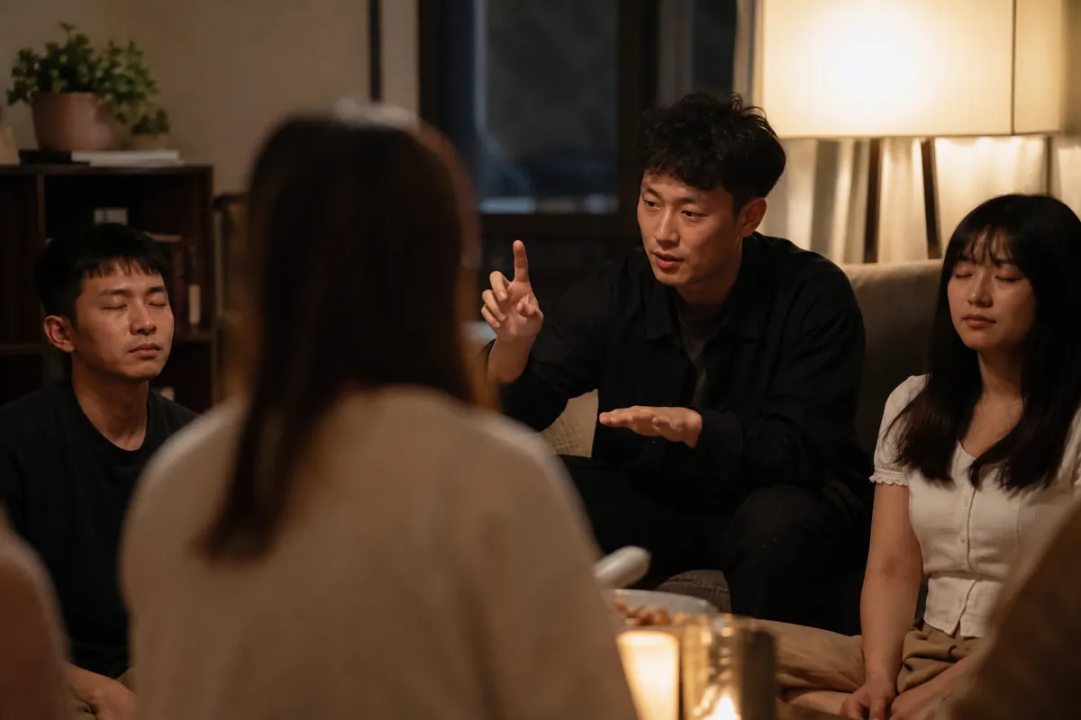 昏暗客廳裡的主持人用手勢帶領天黑請閉眼夜晚回合