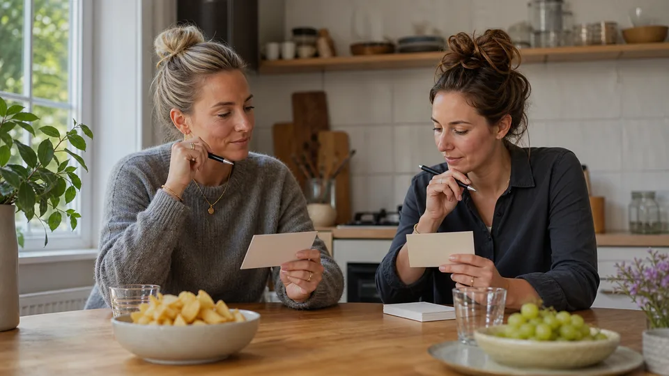 Twee vrienden bedenken uitspraken voor een spel