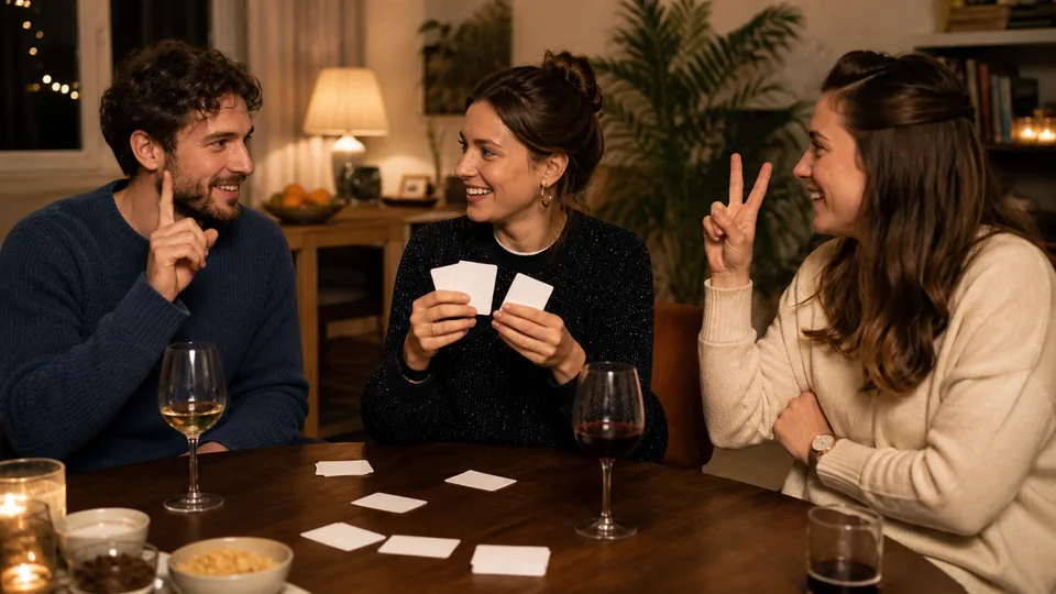 Drie vrienden stemmen tijdens een kennismakingsspel