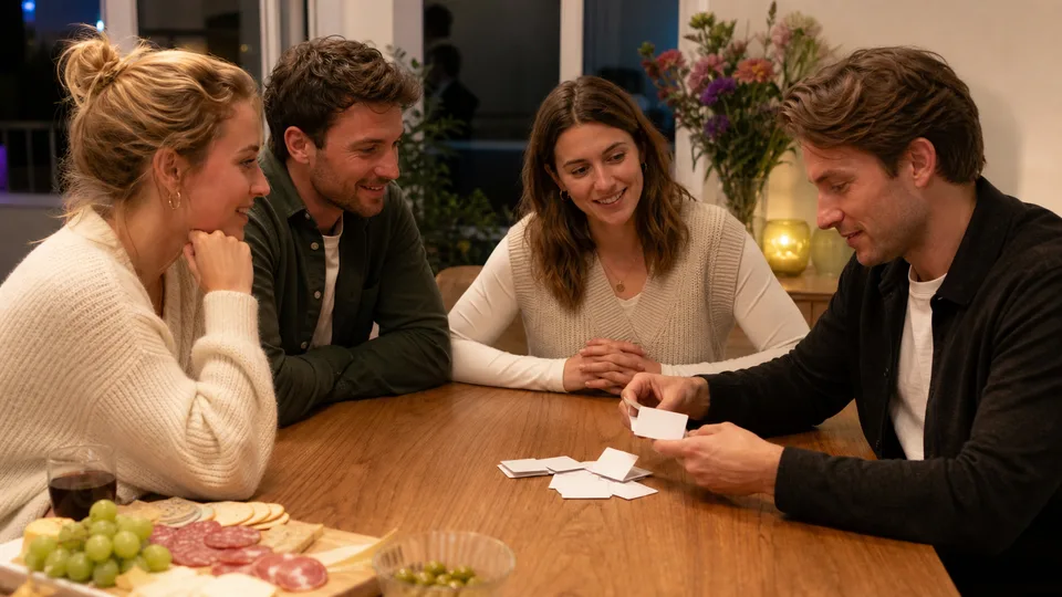 Een groep vrienden speelt een kaartjesvariant van het spel