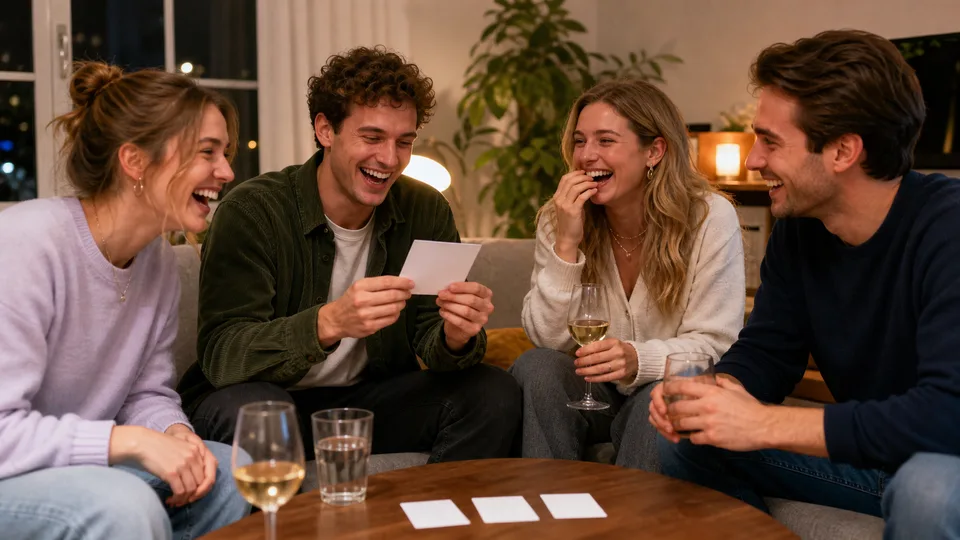 Vrienden lachen terwijl zij speluitspraken lezen