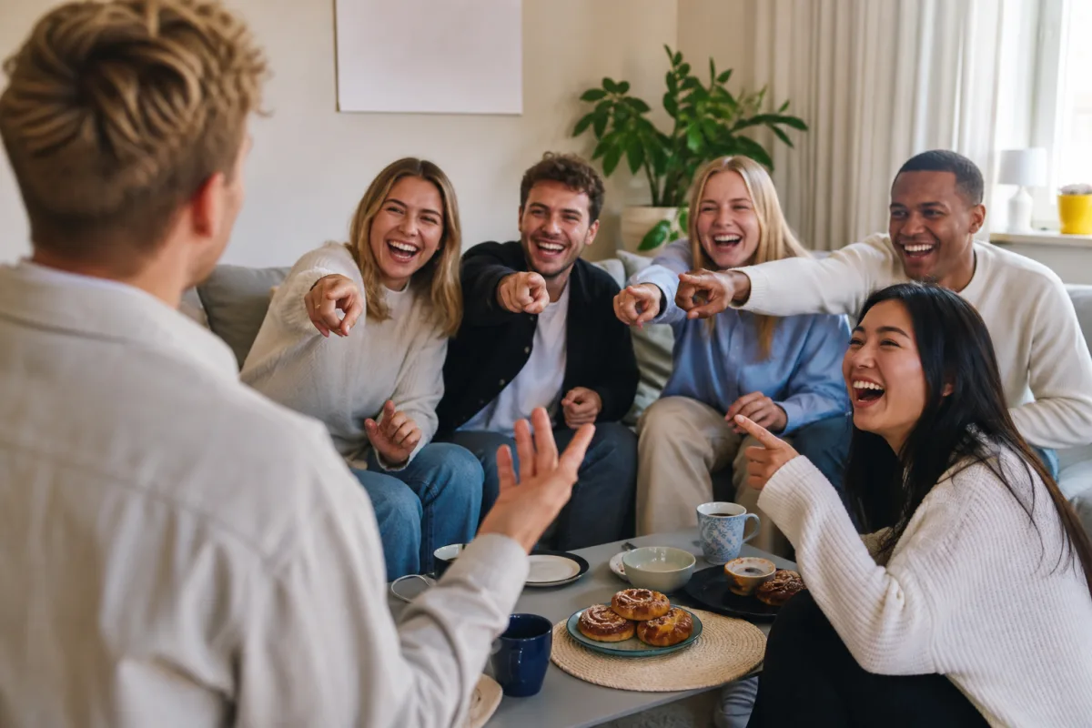 Vänner skrattar åt en fråga