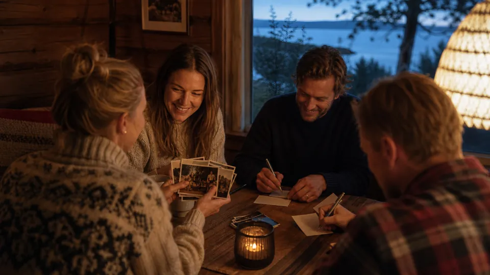 Vänner jämför gamla fotografier i en stuga