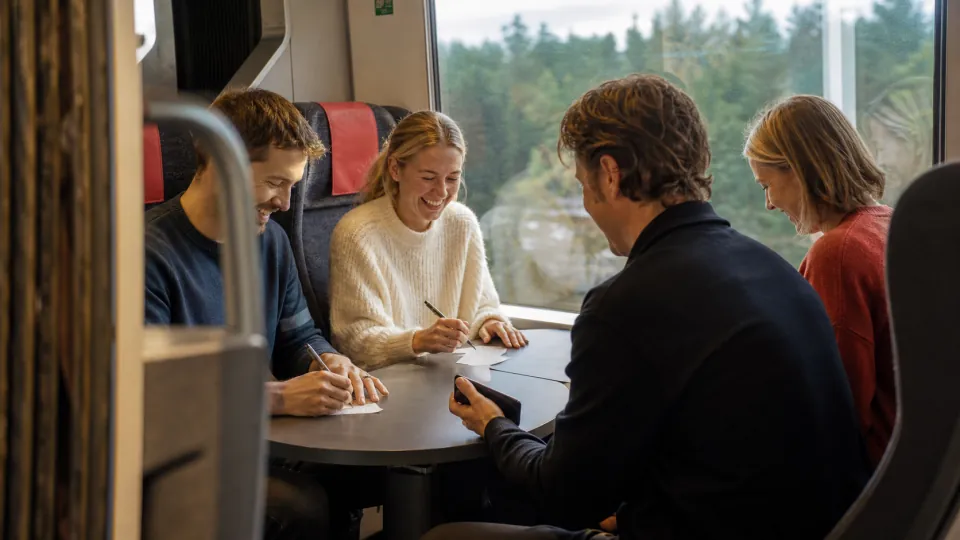 Vänner spelar quiz på tåget