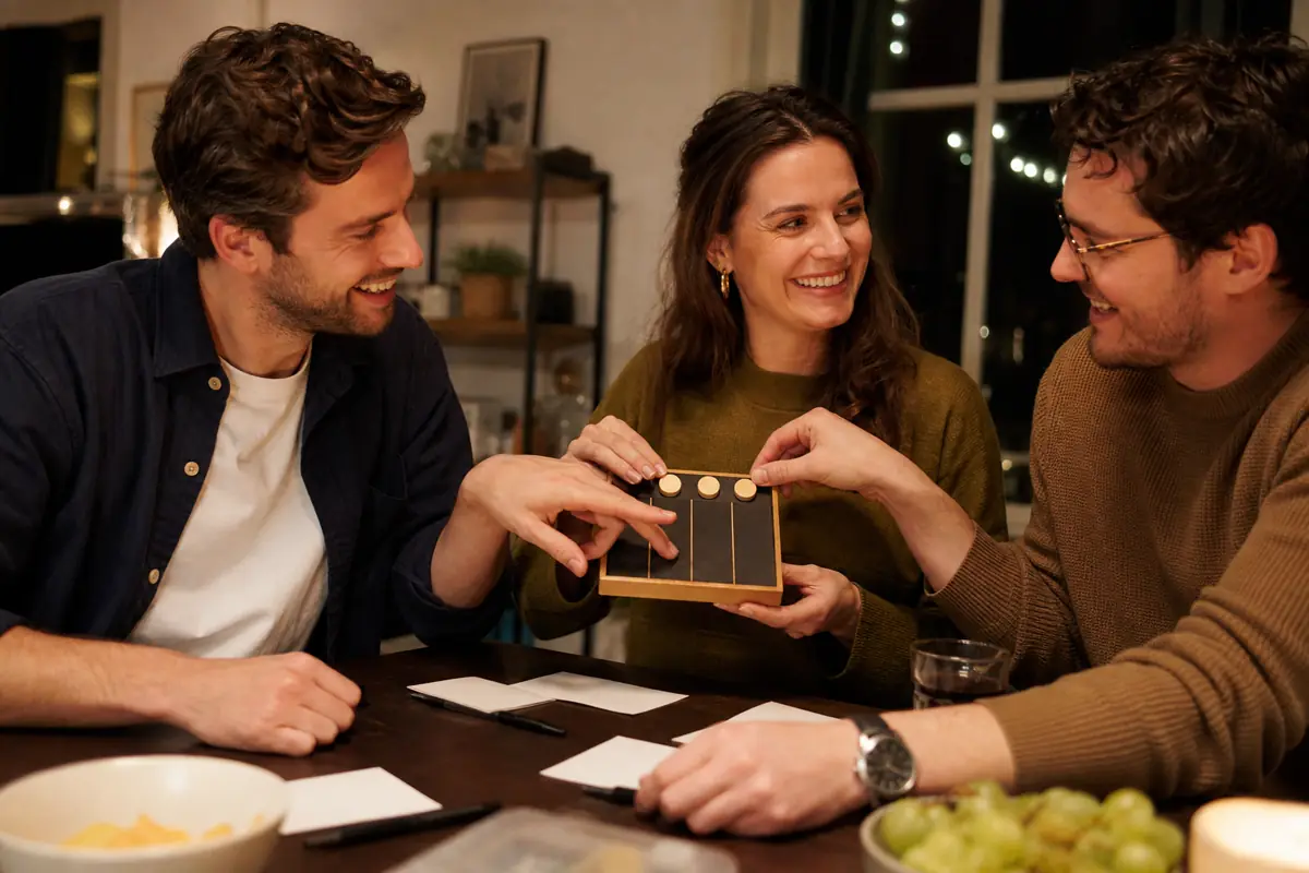 Vrienden sluiten een quizavond lachend af