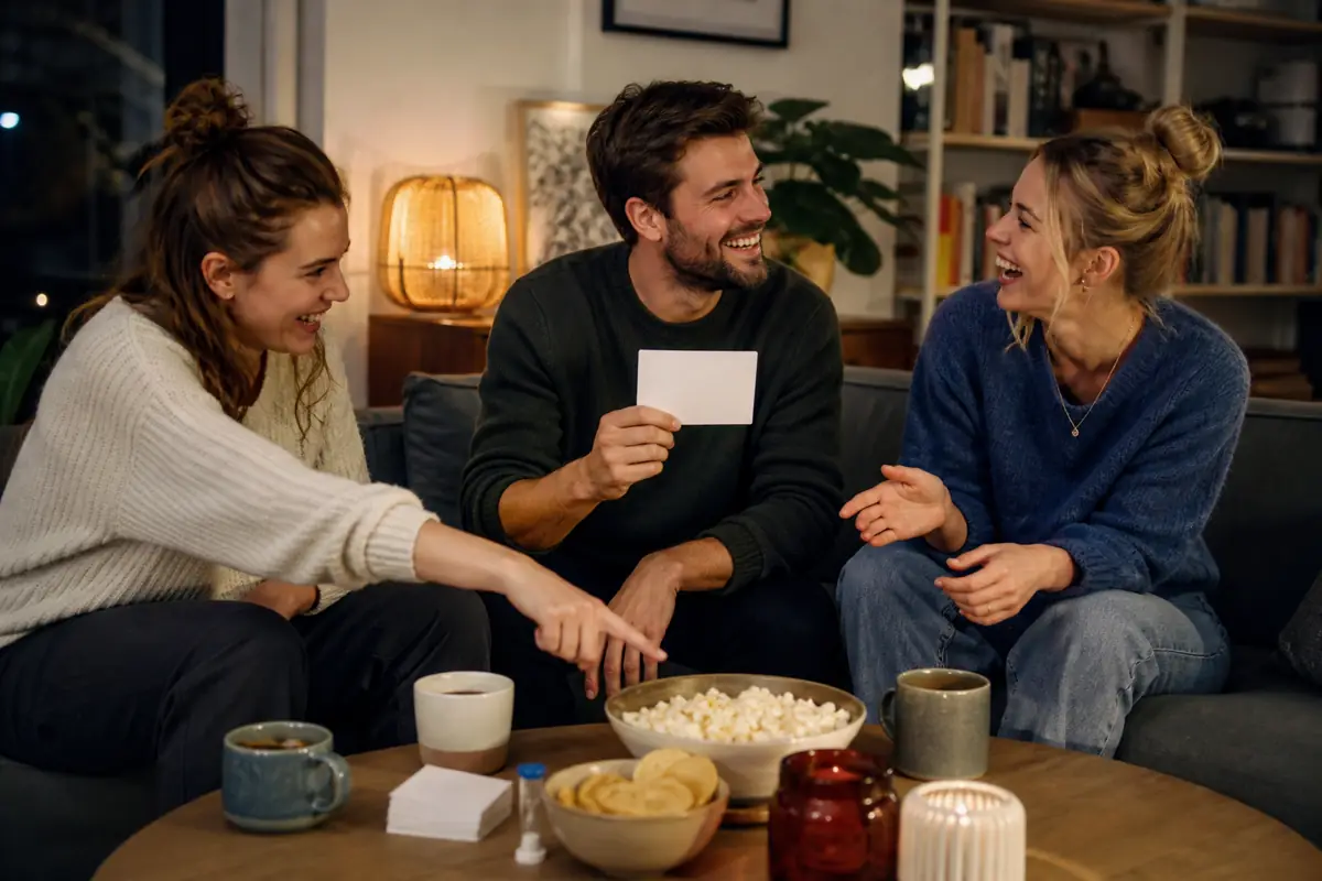 Vrienden lachen tijdens een quizavond