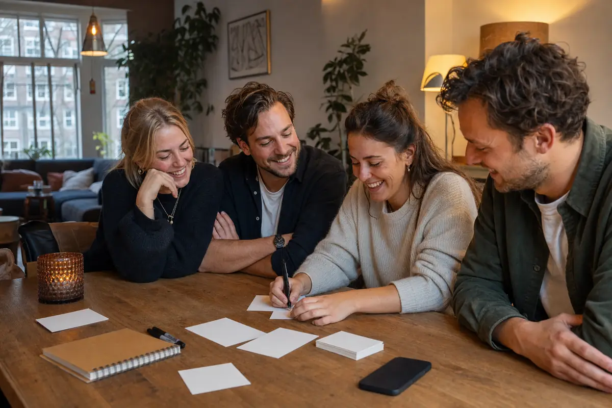 Vrienden maken samen een quiz aan tafel