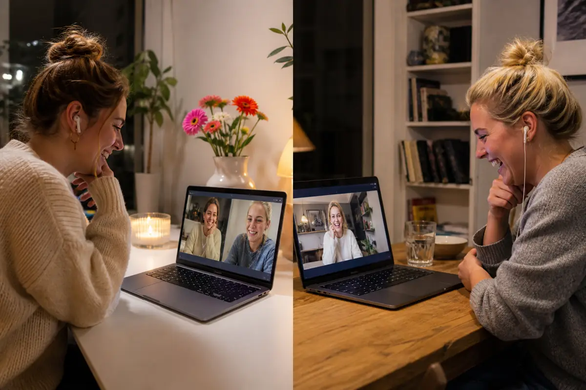 Twee vrienden spelen een quiz op afstand
