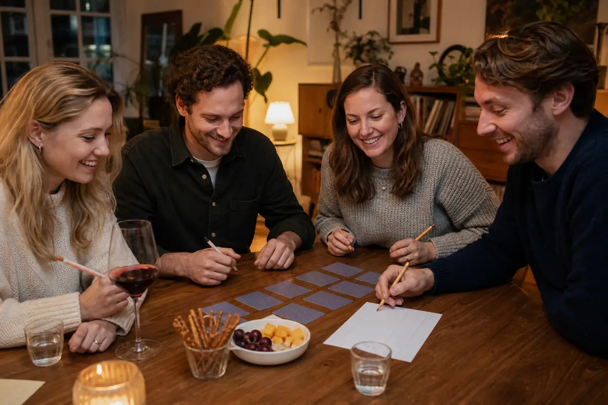 Vrienden vergelijken quizkeuzes aan tafel
