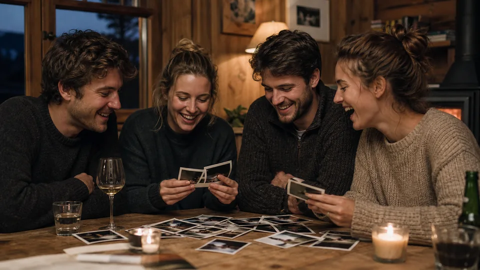 Vrienden bekijken samen fotoherinneringen