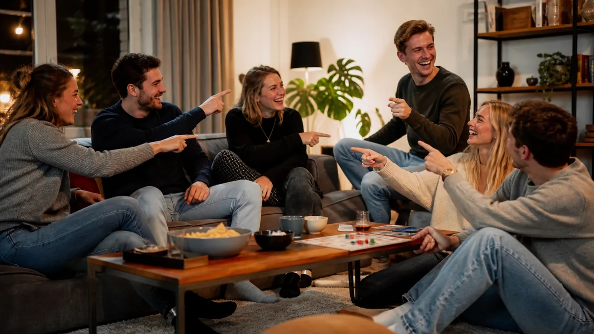 Vriendengroep die samen een quiz speelt