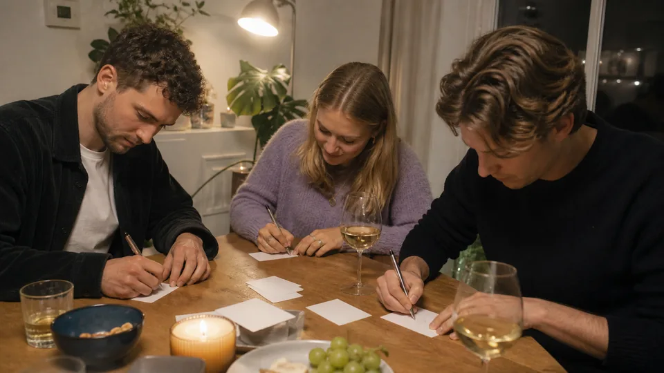 Vrienden schrijven quizantwoorden op kaartjes