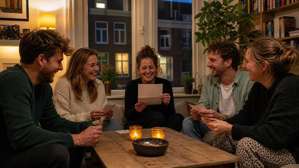 Vriendengroep die samen stemt tijdens een quiz