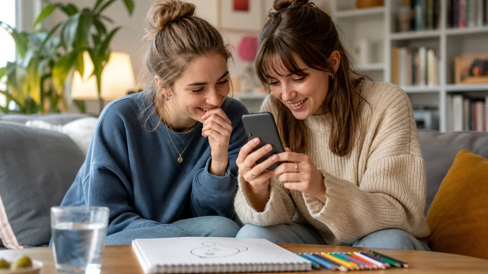Zwei Freunde lösen gemeinsam ein Emoji-Rätsel auf einem Smartphone