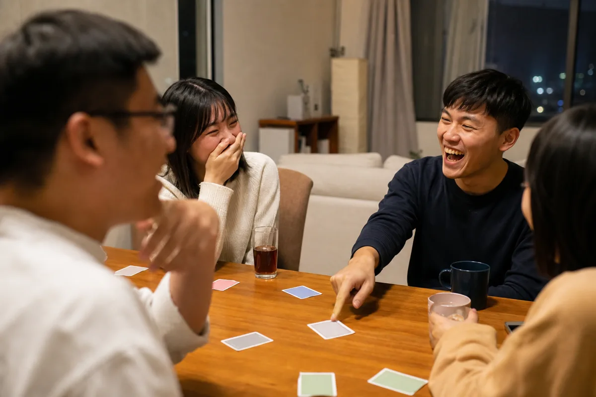 一群朋友在詞語推理遊戲中笑著討論
